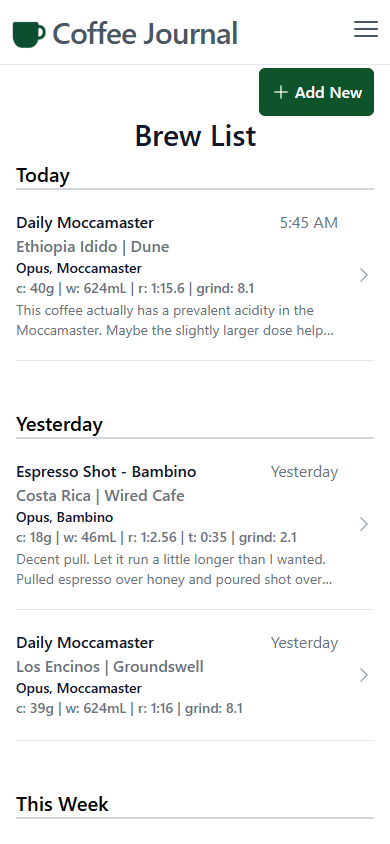 Coffee Journal Brew List